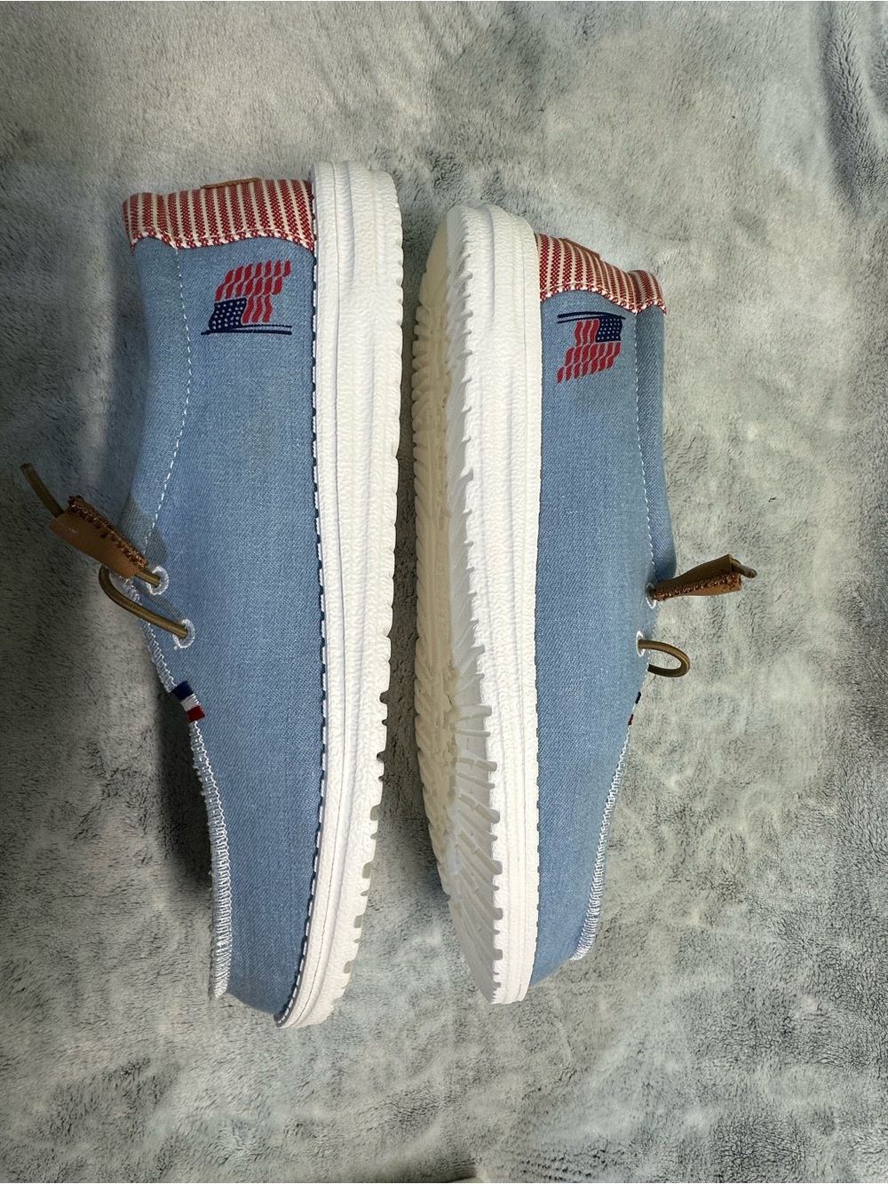 Hey Dude Light Blue Canvas Slip-On Boat Shoes with Red Accents